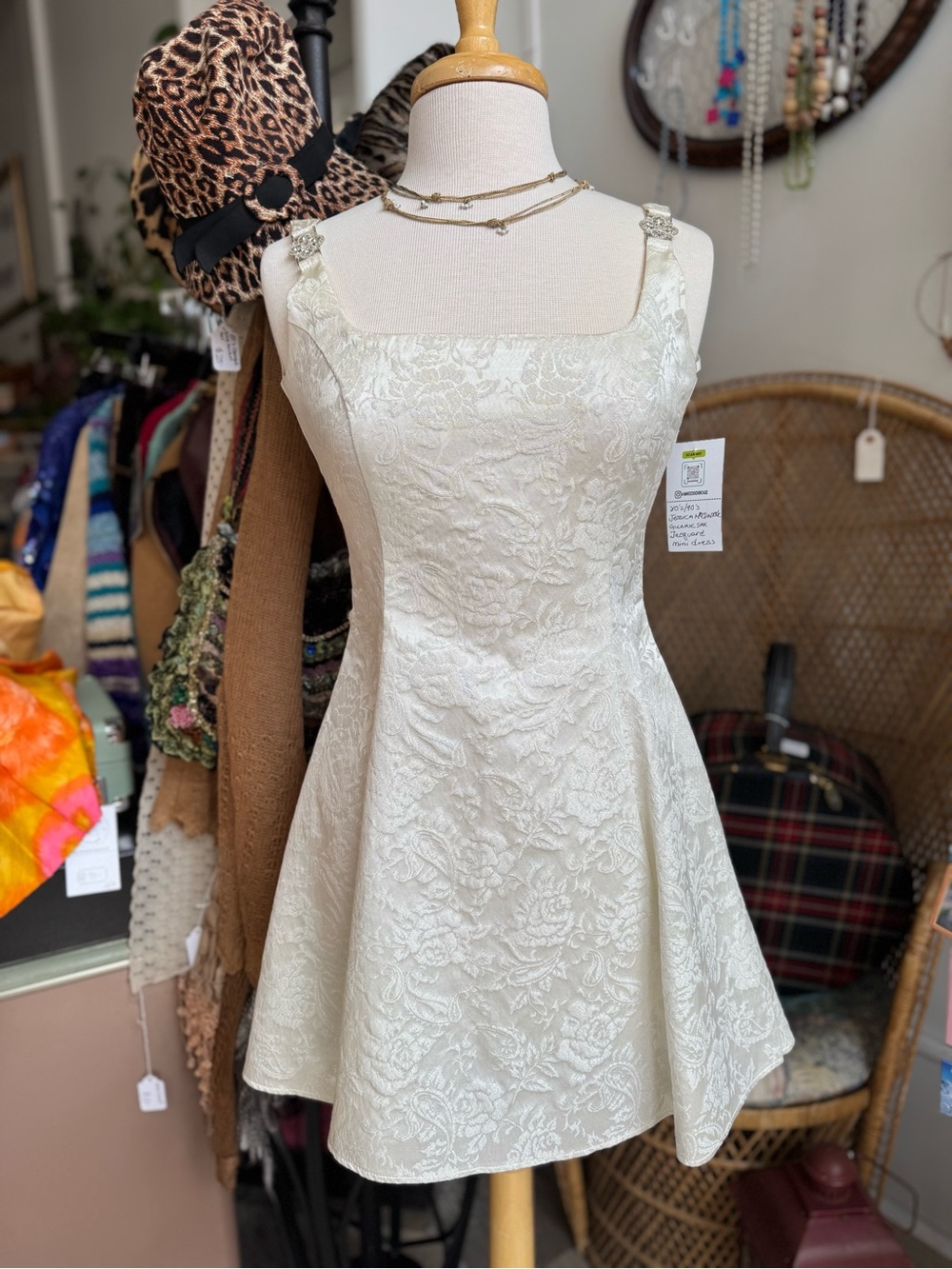 Vintage Jessica McClintock for Gunne Sax Ivory Floral Jacquard Fit & Flare Dress